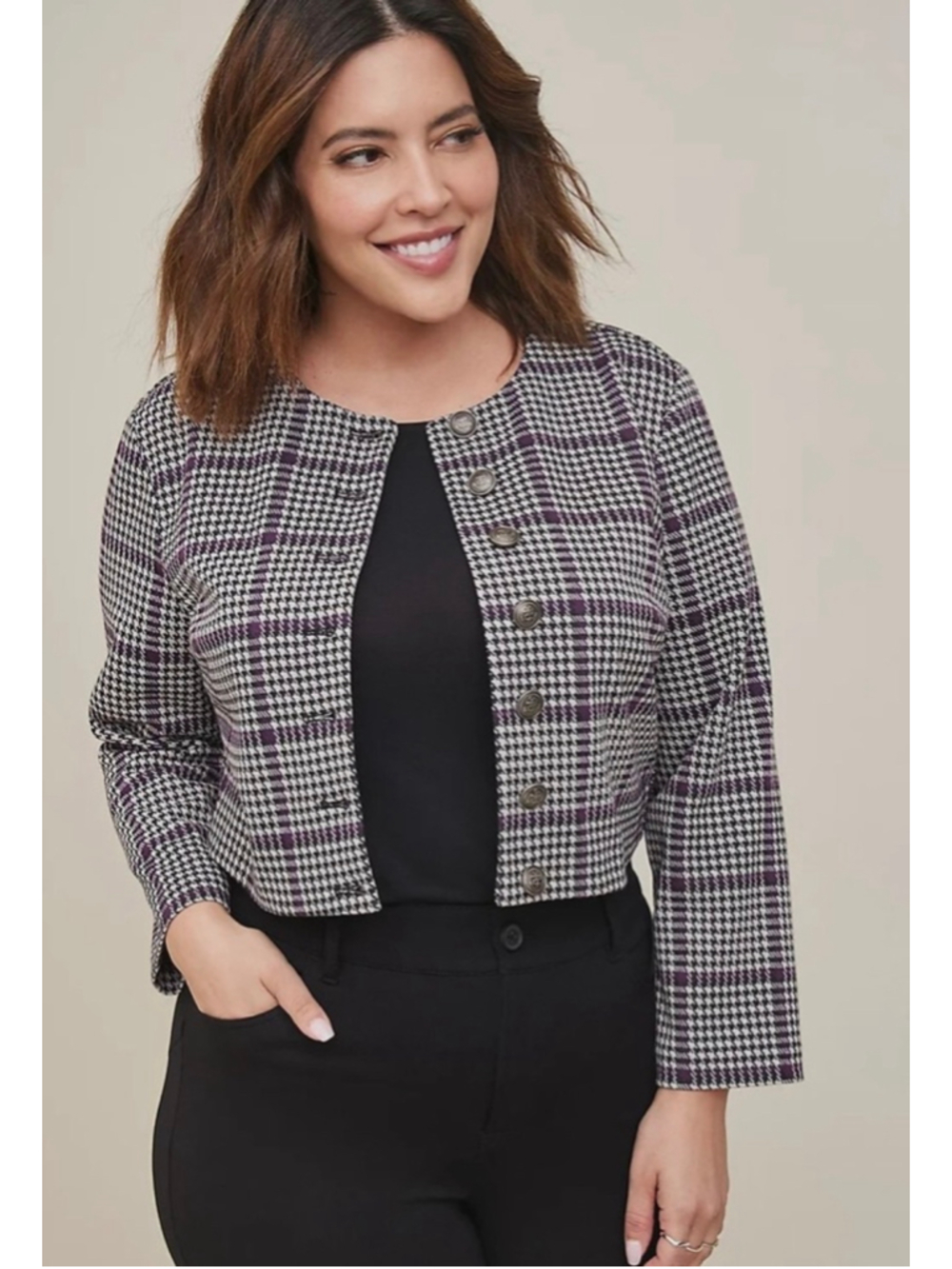 Torrid Double Knit Houndstooth Collarless Crop Jacket Plus 3X NWT Plaid Blazer